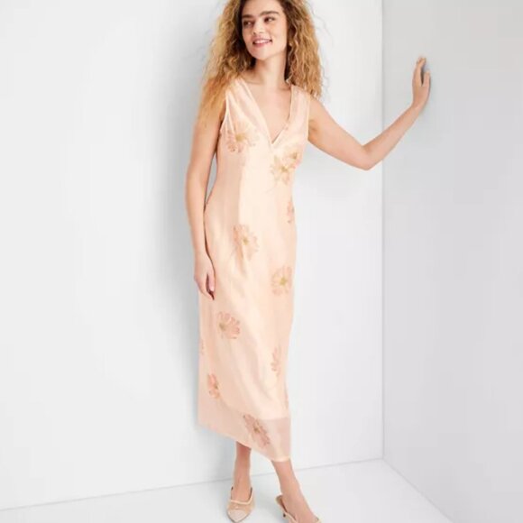 NWT Future Collective Women's 14 Floral Light Pink Slip Midi Dress Sleeveless - Picture 3 of 16